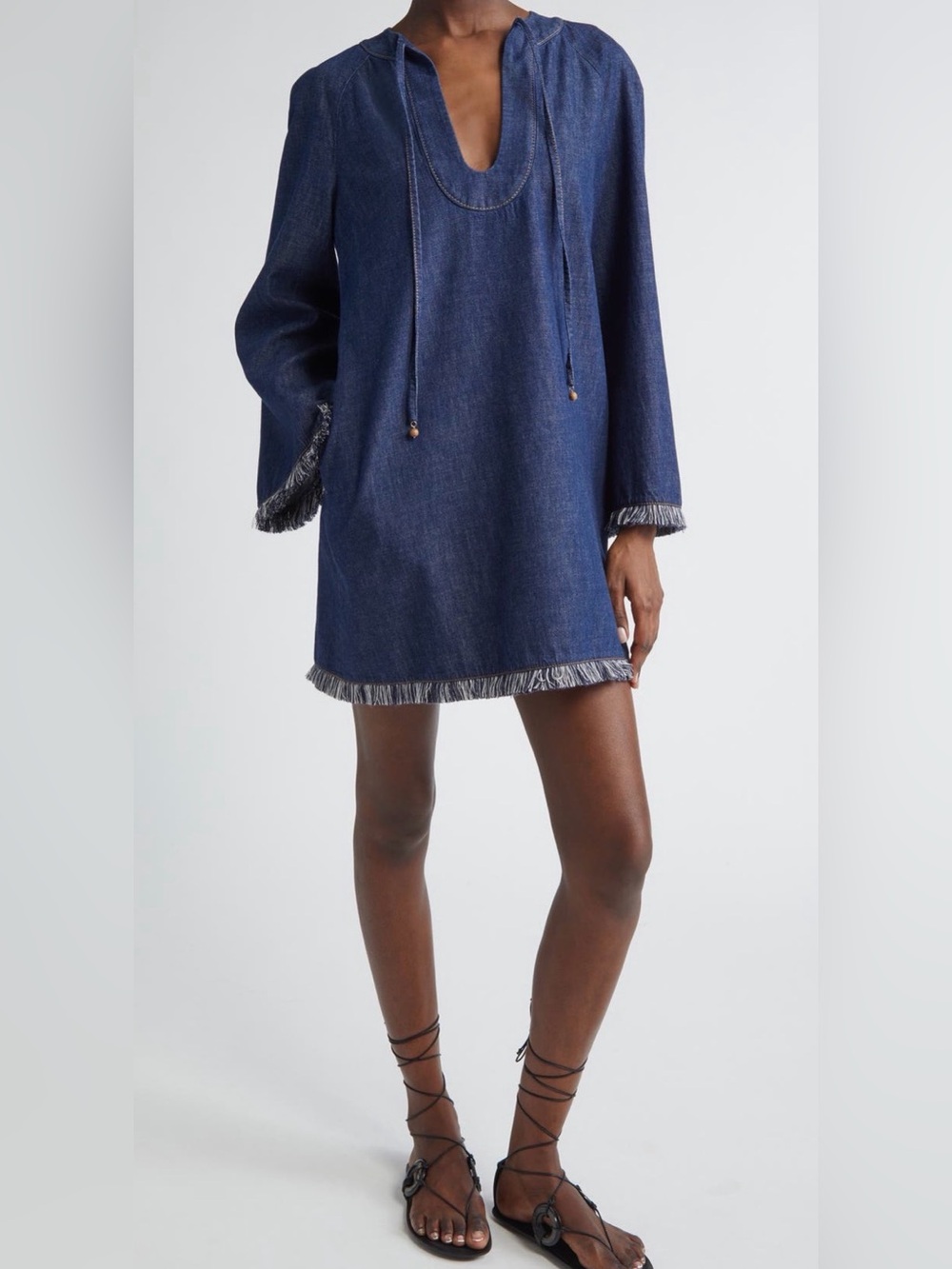 Zimmermann Indigo Denim Tunic Dress with Fringe Trim